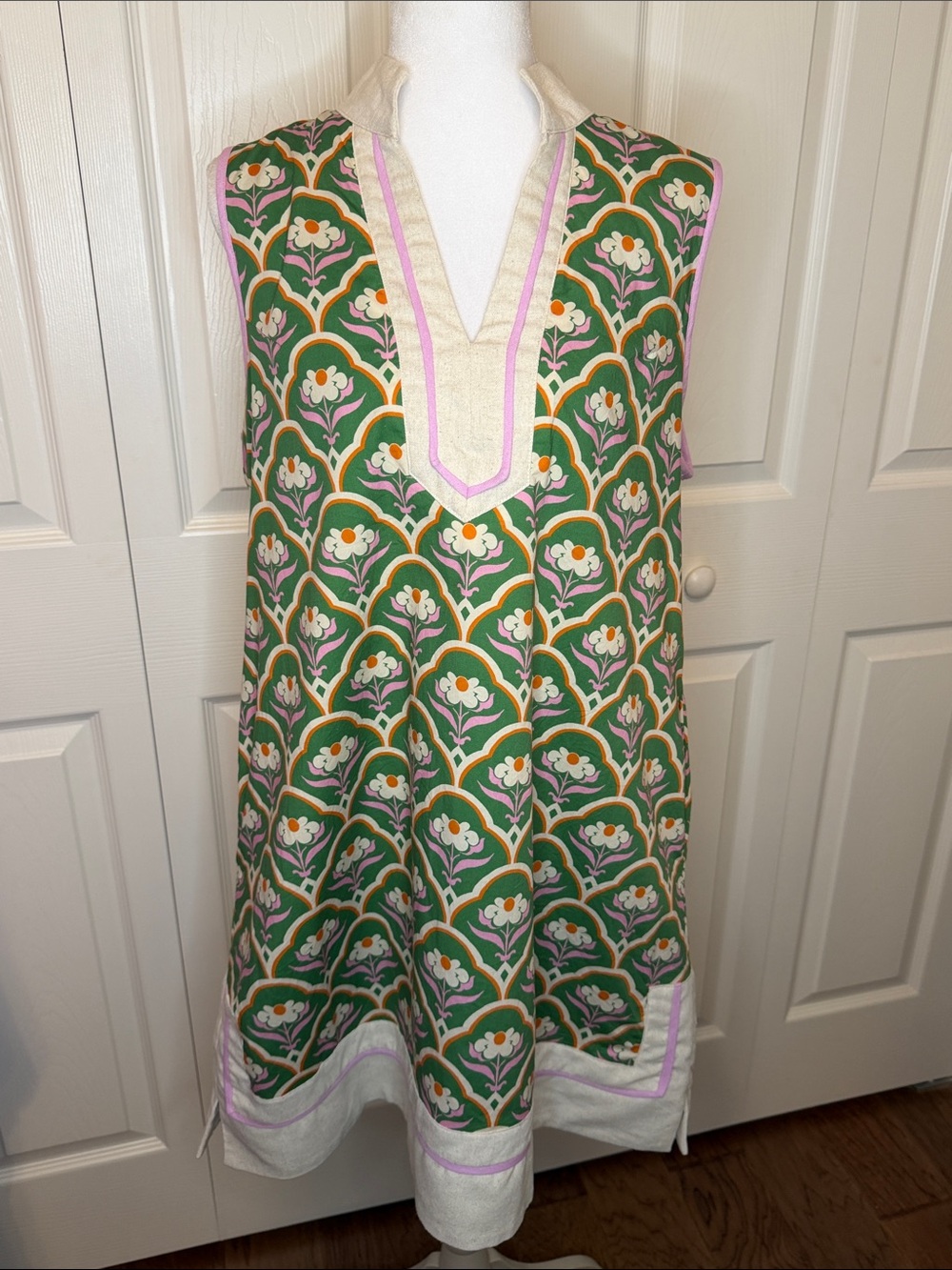 entro Green Floral Midi Dress with Pink & Cream Trim